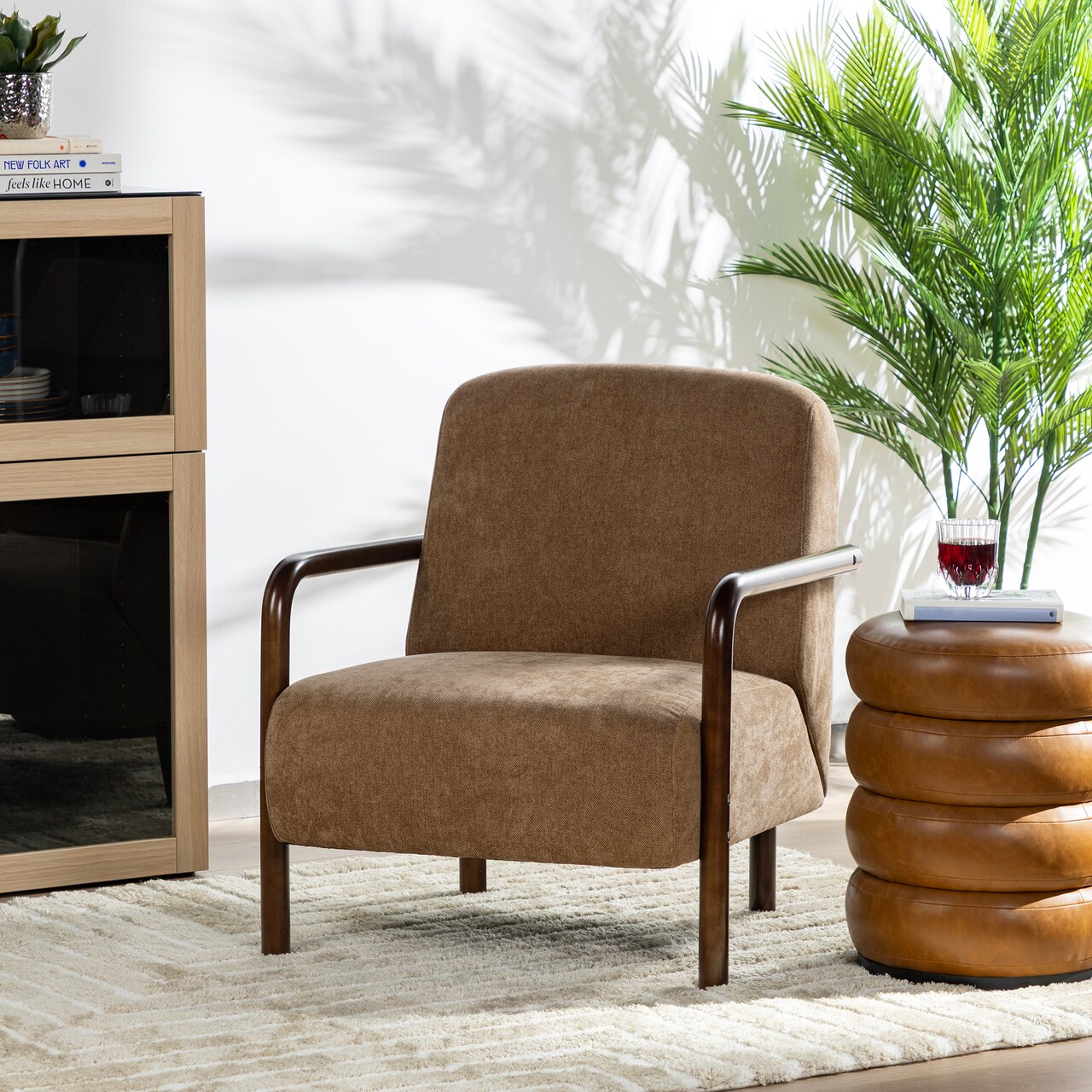 Mid-Century Modern Brown Fabric Thick Armchair with Walnut Rubberwood Frame